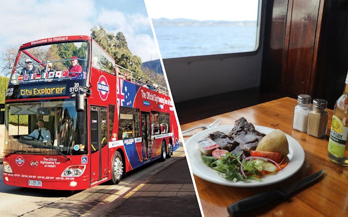 Hobart City Explorer bus and lunch cruise meal with scenic view.