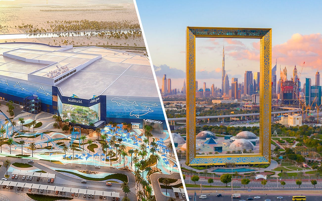 SeaWorld Abu Dhabi exterior and Dubai Frame with city skyline in the background.