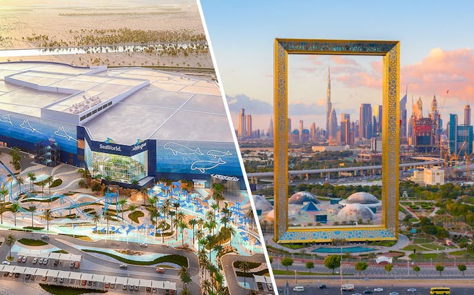 SeaWorld Abu Dhabi exterior and Dubai Frame with city skyline in the background.