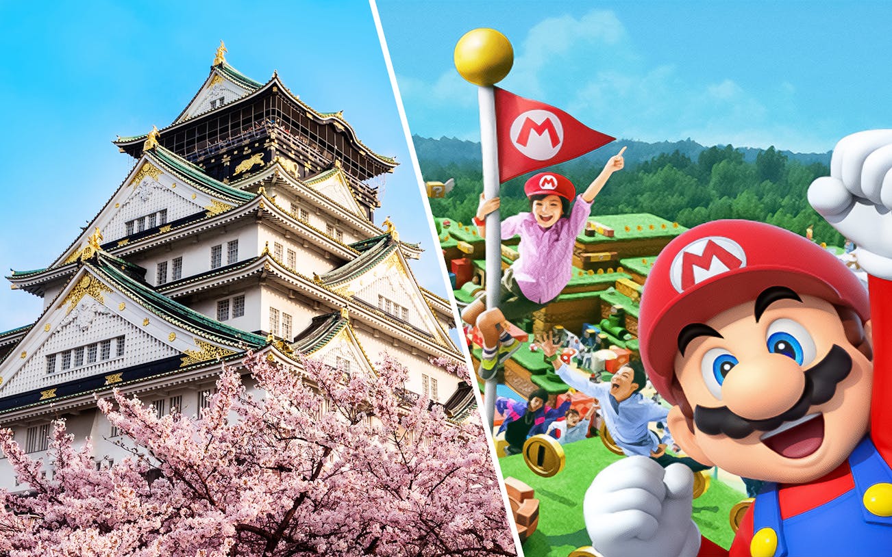 Osaka Castle with cherry blossoms and Super Nintendo World at Universal Studios Japan.