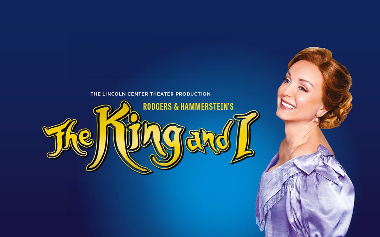 Rodgers and Hammerstein's The King and I poster with smiling woman in period costume.
