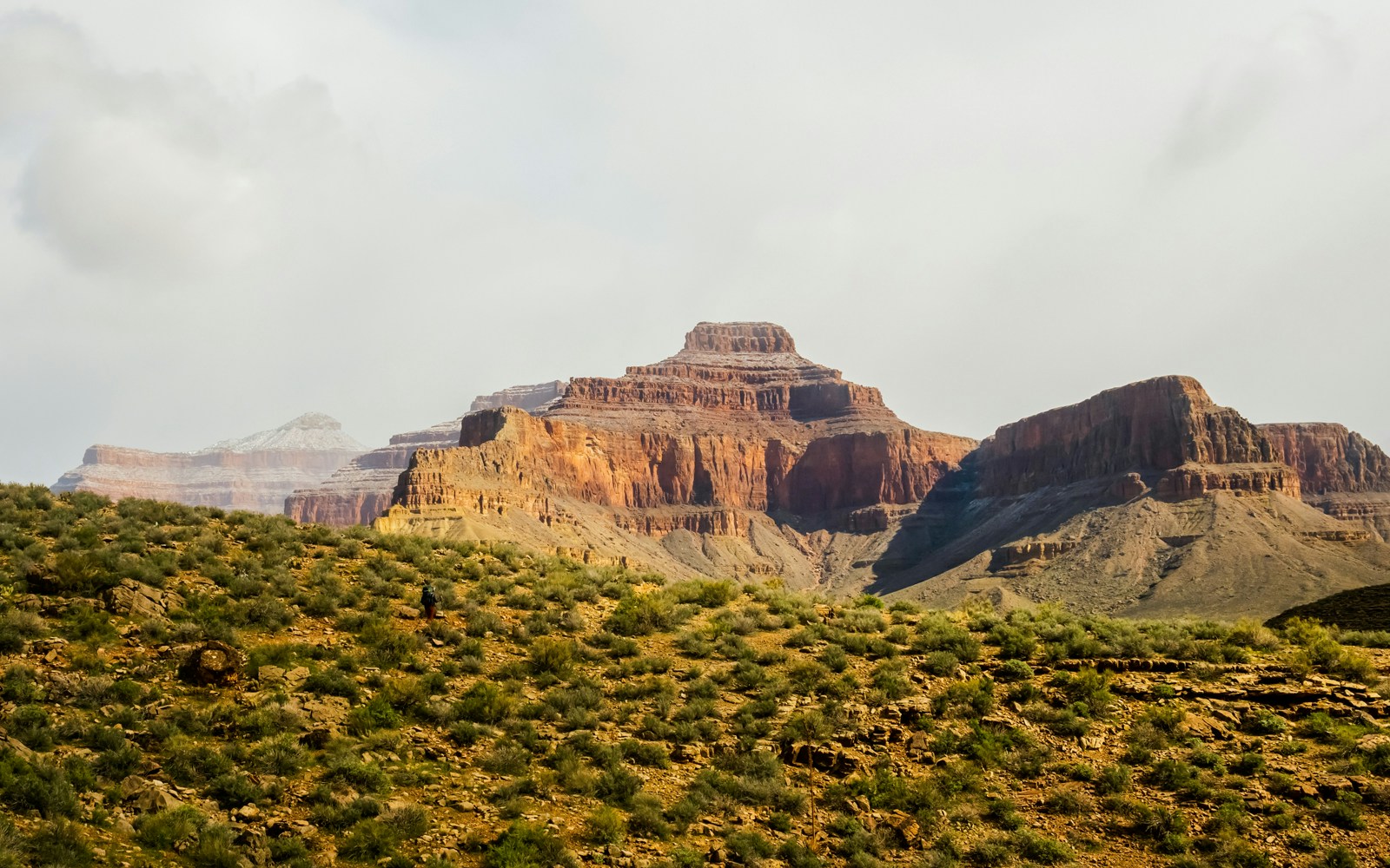 Thick clouds over Tonto Trail with Tower of Ra in Grand Canyon National Park.