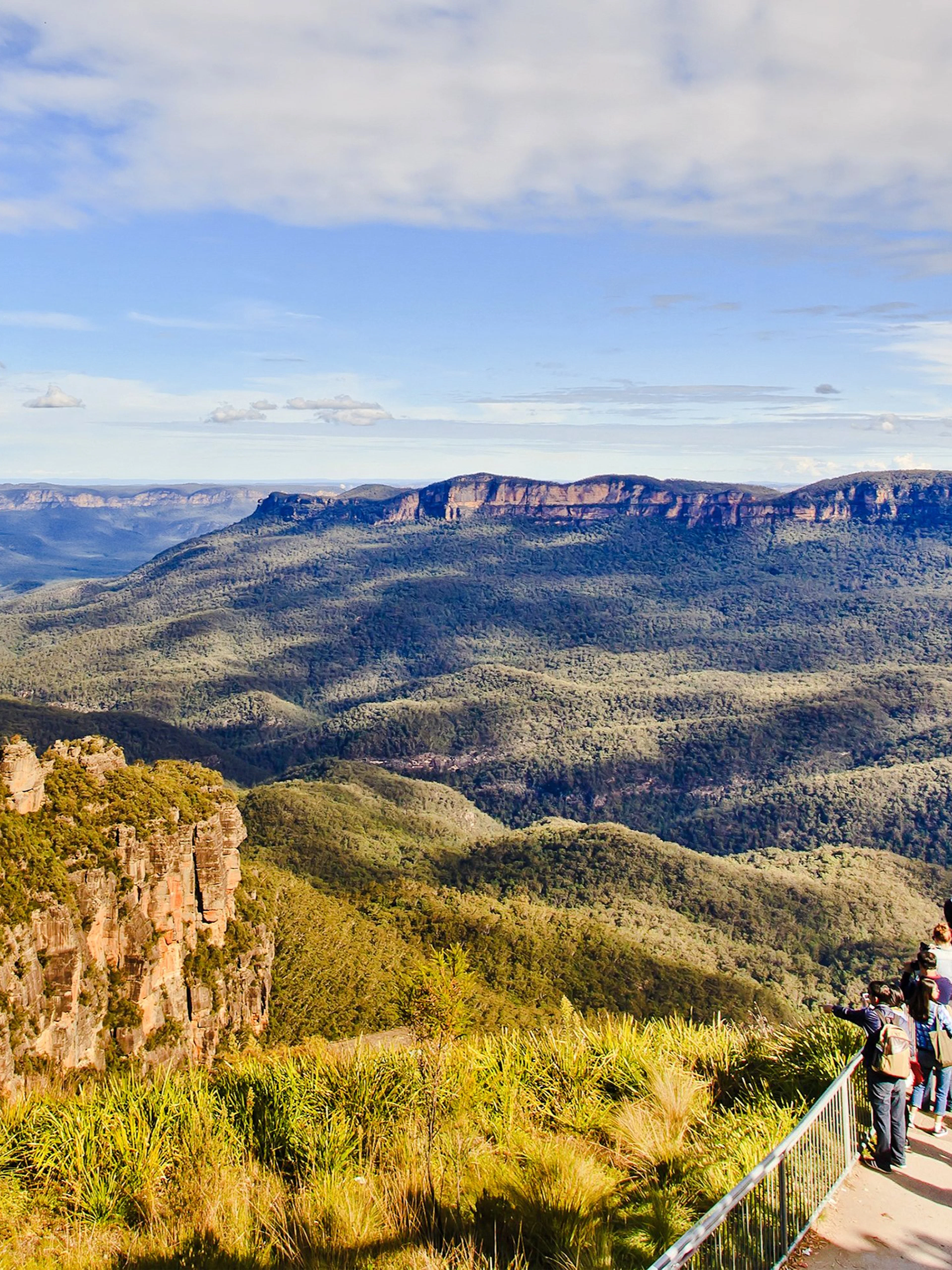 Visitors at Blue Mountains lookout with view of Three Sisters rock formation, Australia.