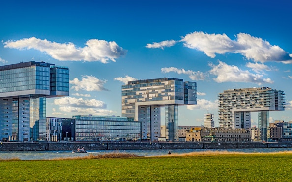 Kranhäuser buildings along the Rhine River in Rheinauhafen, Cologne.