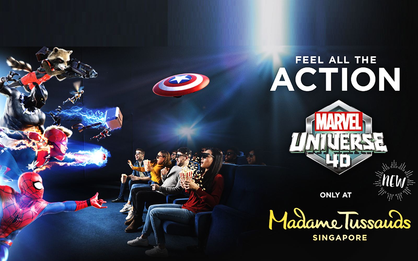 4D Marvel experience at Madame Tussauds Singapore with audience in 3D glasses.