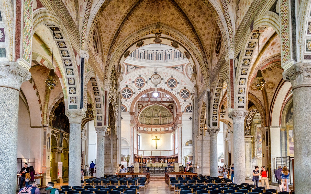 Interior of Church Santa Maria delle Grazie, Milan, showing ornate arches and altar.