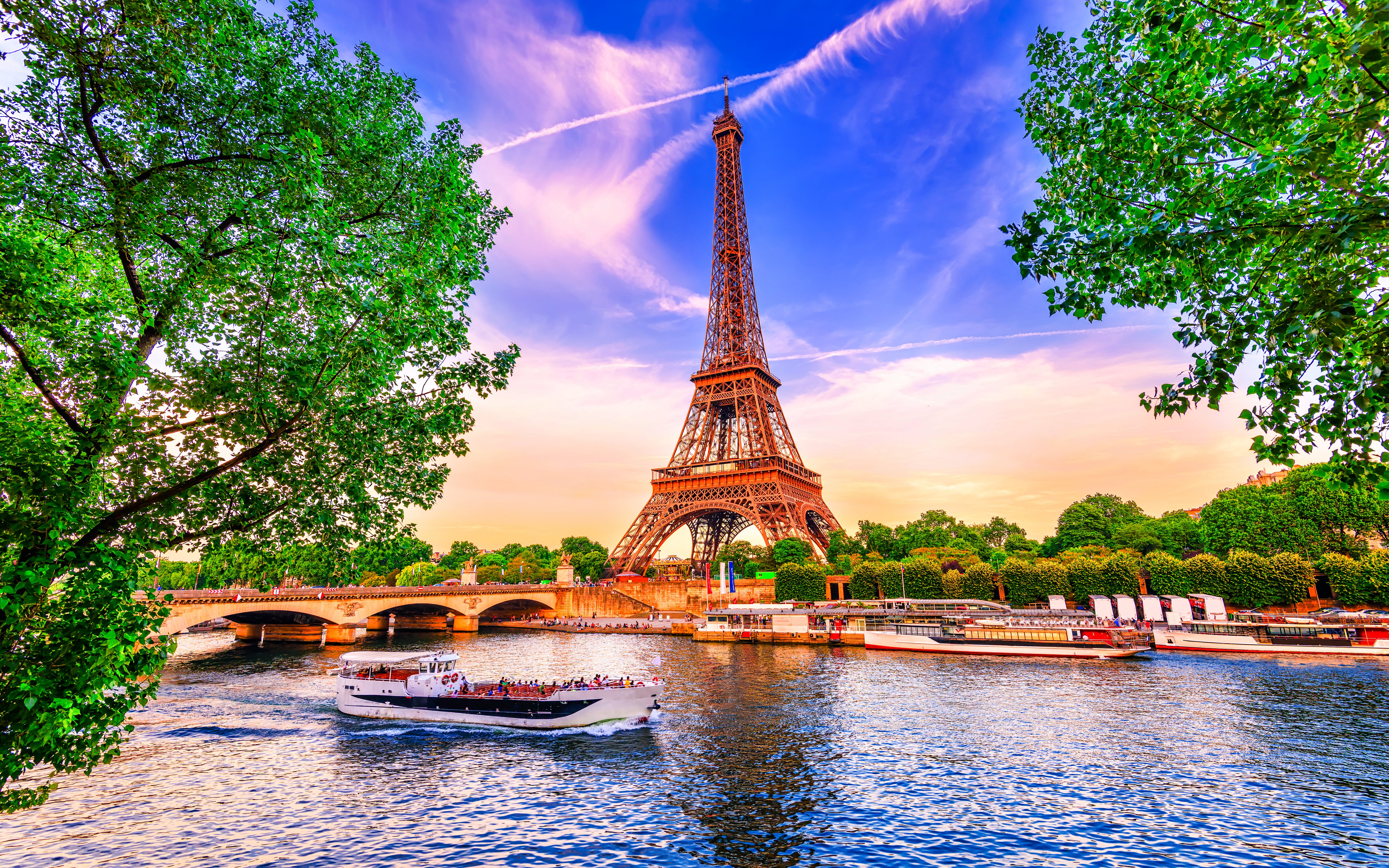 Eiffel Tower and Seine River cruise in Paris, France.