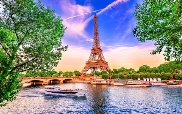 Eiffel Tower and Seine River cruise in Paris, France.