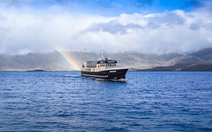 Boat on Eyjafjörður with rainbow, Akureyri whale watching tour.