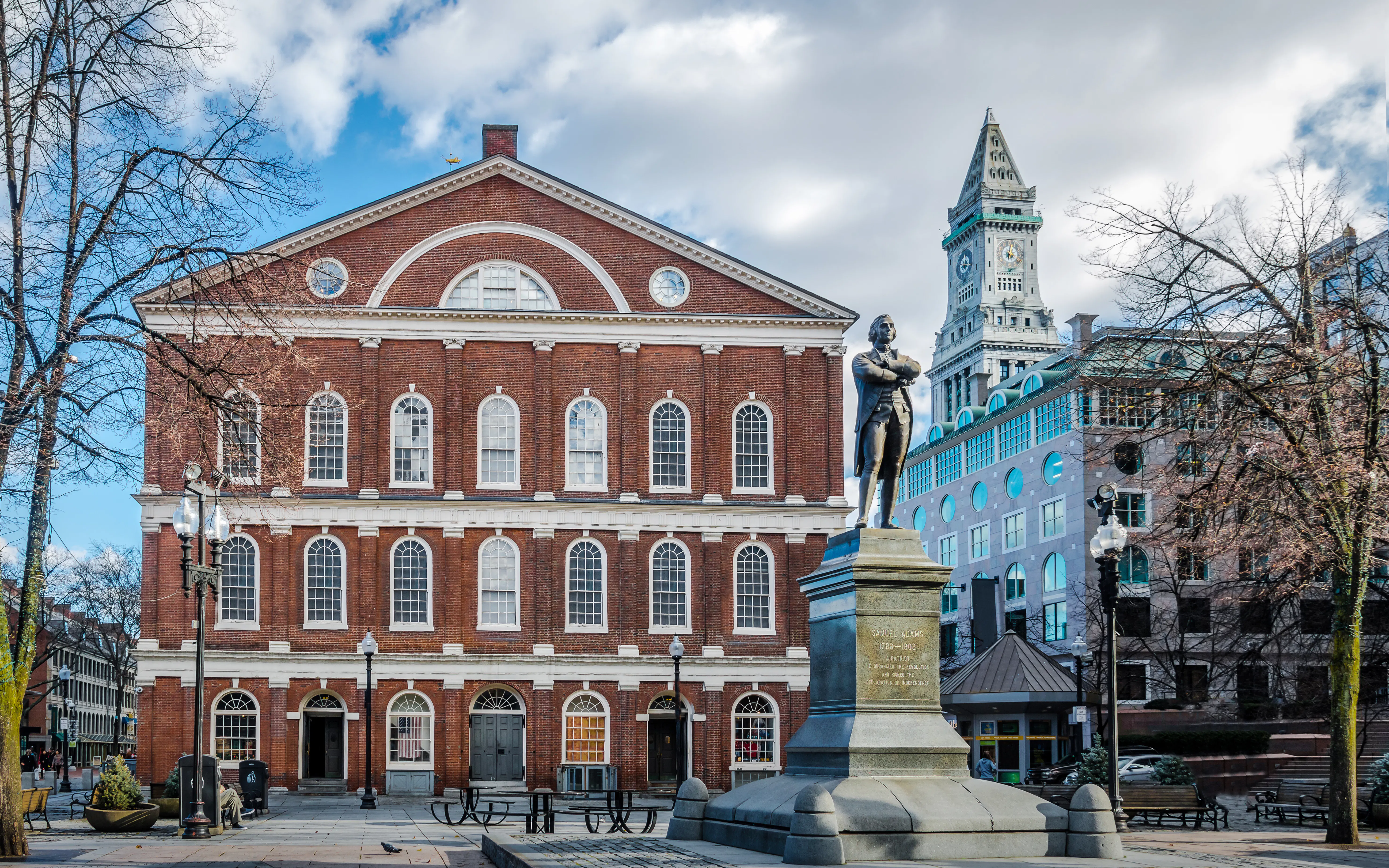 Faneuil Hall with Samuel Adams statue in Boston, Massachusetts.