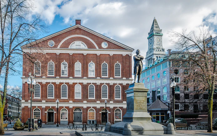 Faneuil Hall with Samuel Adams statue in Boston, Massachusetts.