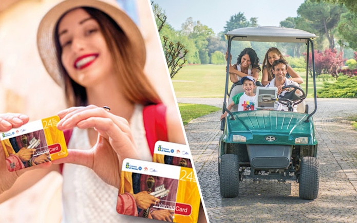 Parco Giardino Sigurtà golf cart tour and Verona Card holder smiling.