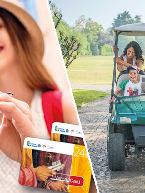 Parco Giardino Sigurtà golf cart tour and Verona Card holder smiling.