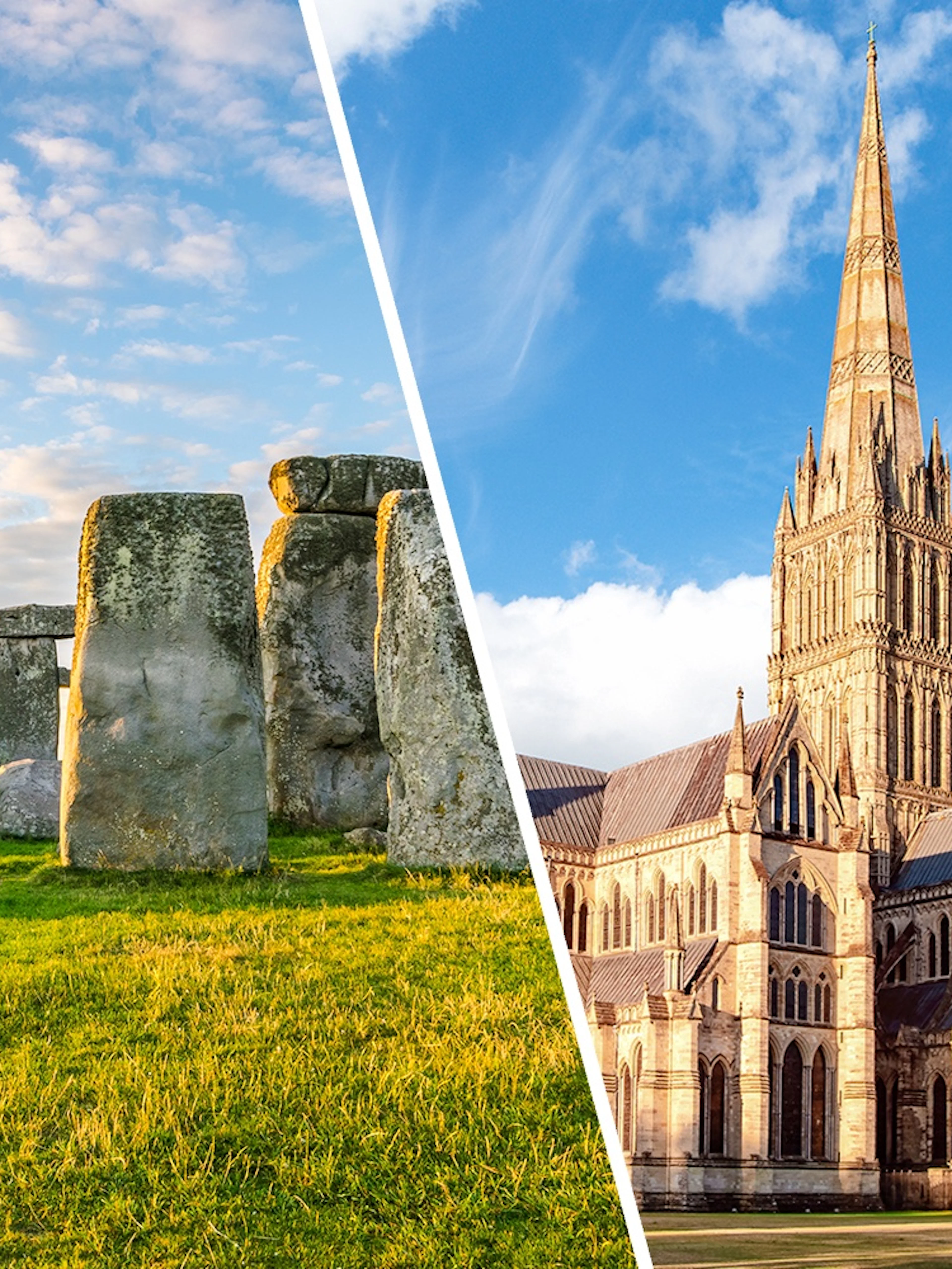 Stonehenge and Salisbury Cathedral under a clear blue sky.