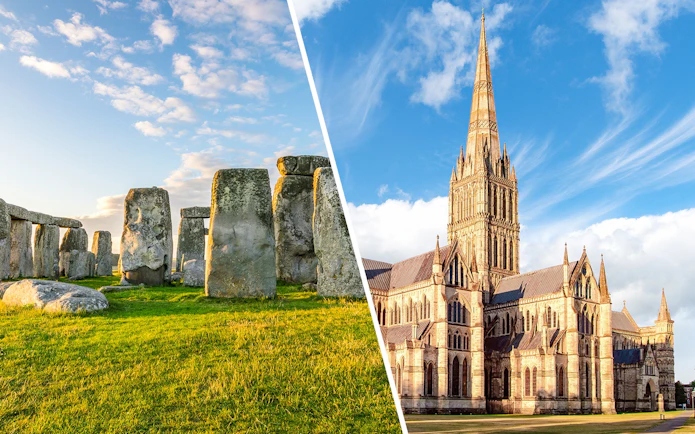 Stonehenge and Salisbury Cathedral under a clear blue sky.