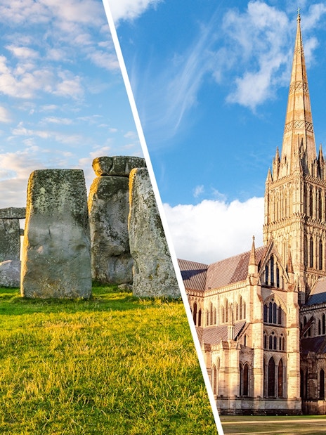 Stonehenge and Salisbury Cathedral under a clear blue sky.
