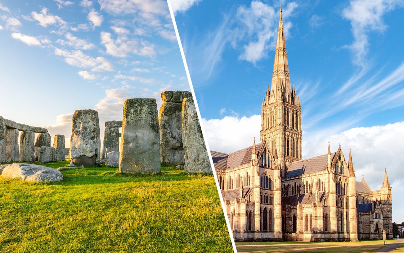 Stonehenge and Salisbury Cathedral under a clear blue sky.
