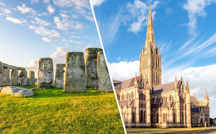 Stonehenge and Salisbury Cathedral under a clear blue sky.