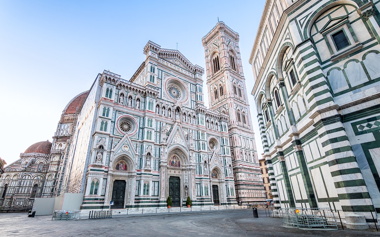 Florence Duomo exterior with bell tower and cupola, Italy.
