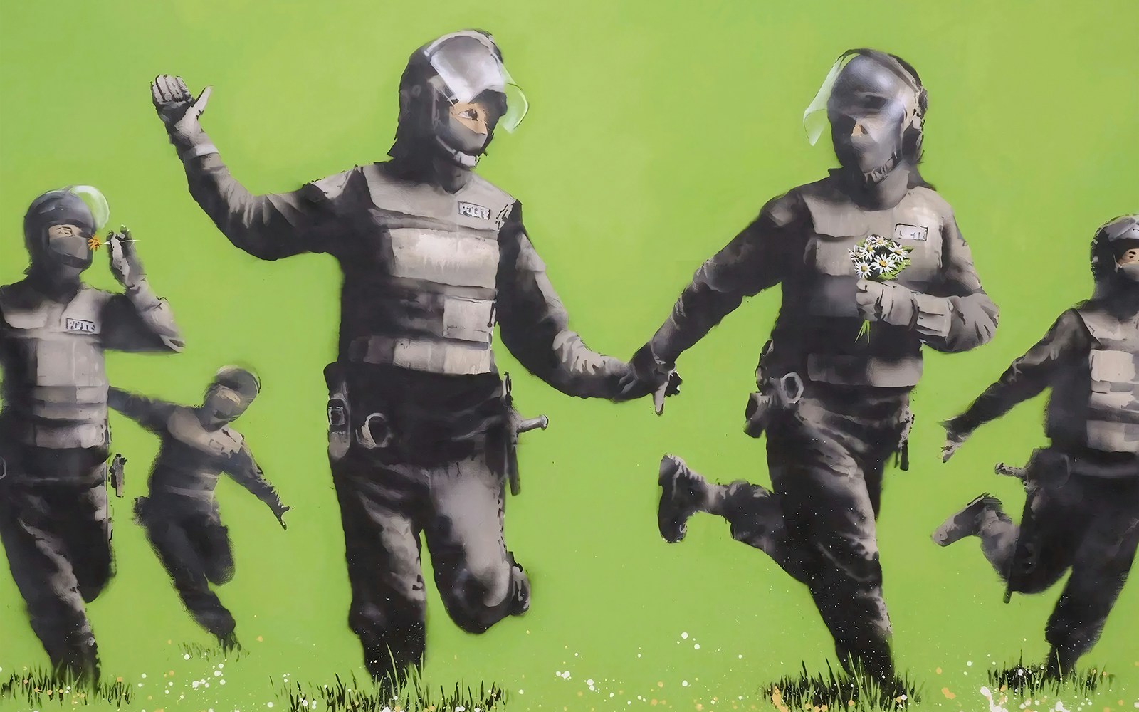Banksy's "Battle of the Beanfield" artwork displayed at Moco Museum, Amsterdam.