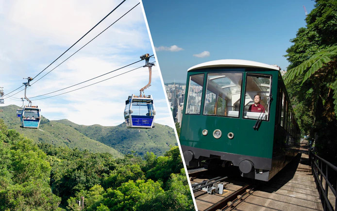 Cable cars over green hills and a tram on a track in Hong Kong.