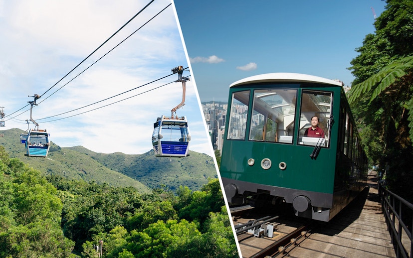 Cable cars over green hills and a tram on a track in Hong Kong.