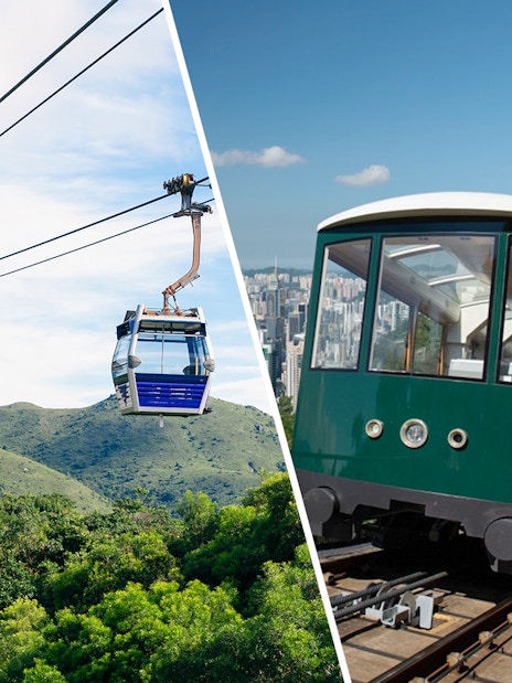 Cable cars over green hills and a tram on a track in Hong Kong.