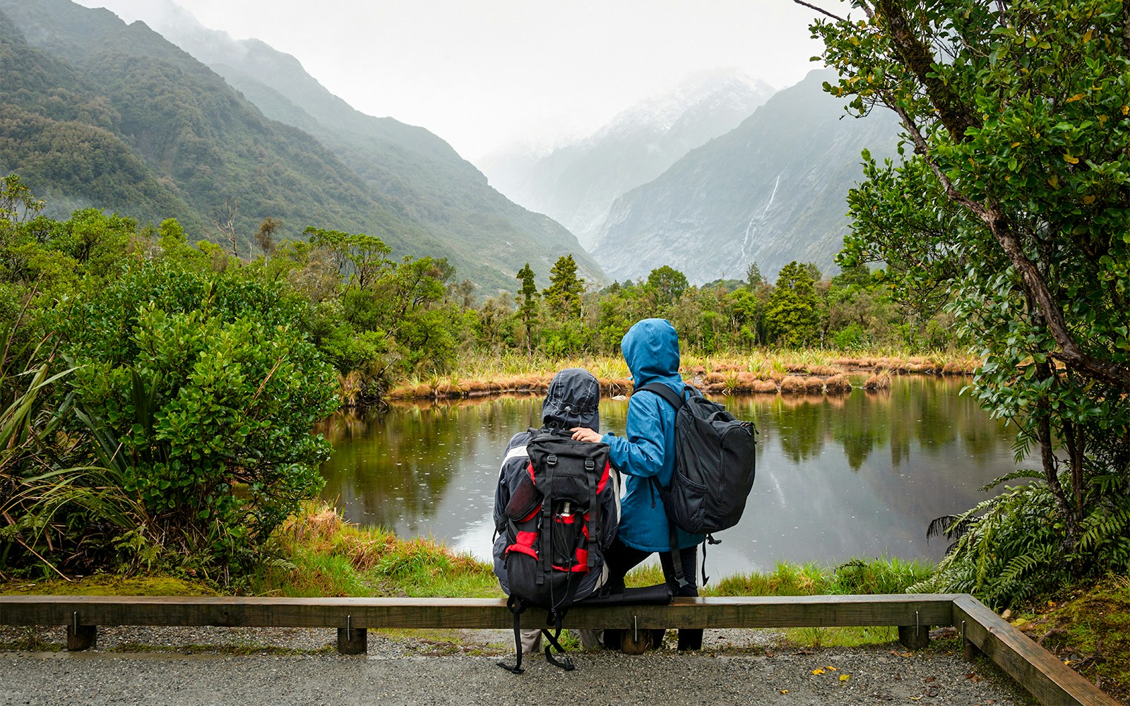 Hikers in raincoats overlooking Peter’s Pool on Franz Josef walk, New Zealand.