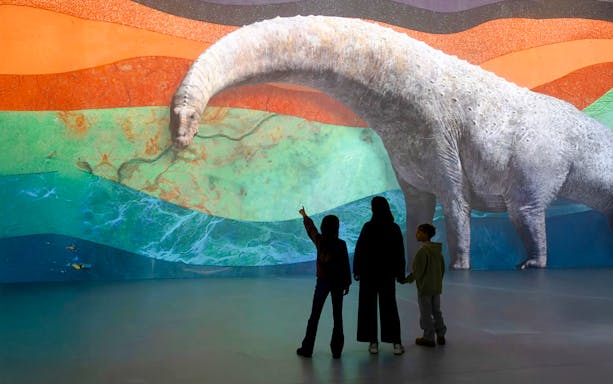 Guests viewing dinosaur projection at Phoenix des Lumières Dortmund exhibition.