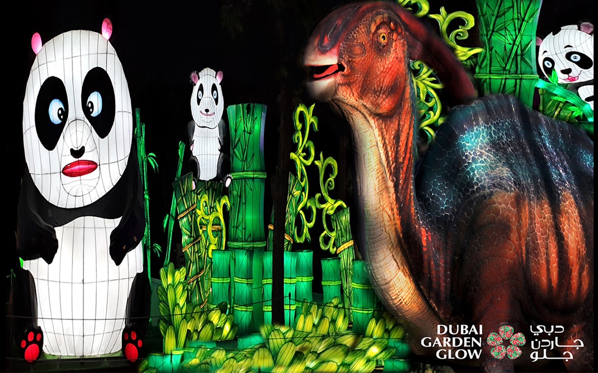 Panda and dinosaur light installations at Dubai Garden Glow.