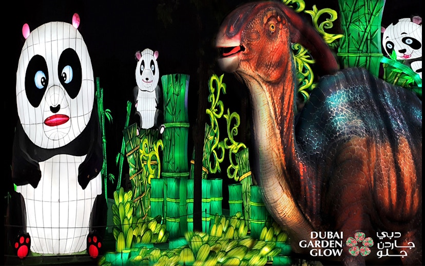 Panda and dinosaur light installations at Dubai Garden Glow.