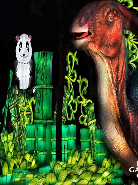 Panda and dinosaur light installations at Dubai Garden Glow.