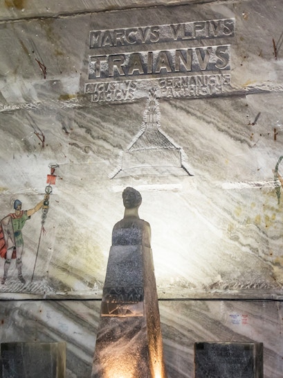 Statue of Trajan in Slanic Salt Mine, Romania, with ancient Roman inscriptions.
