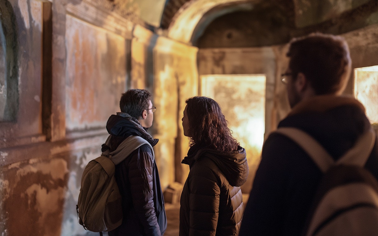 Visitors exploring underground Roman catacombs on a guided tour.