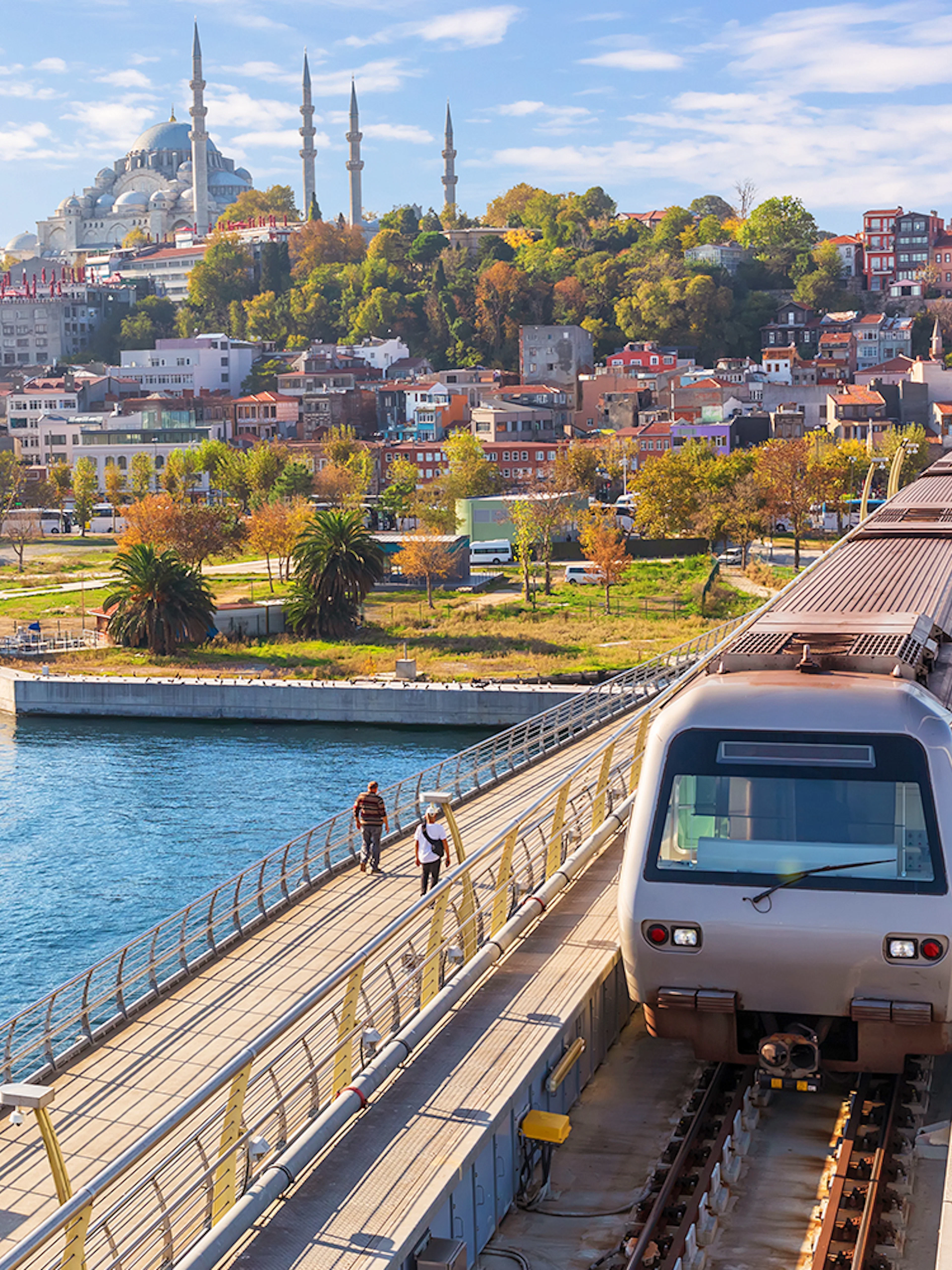 Istanbul metro train crossing bridge with cityscape and mosque in the background.