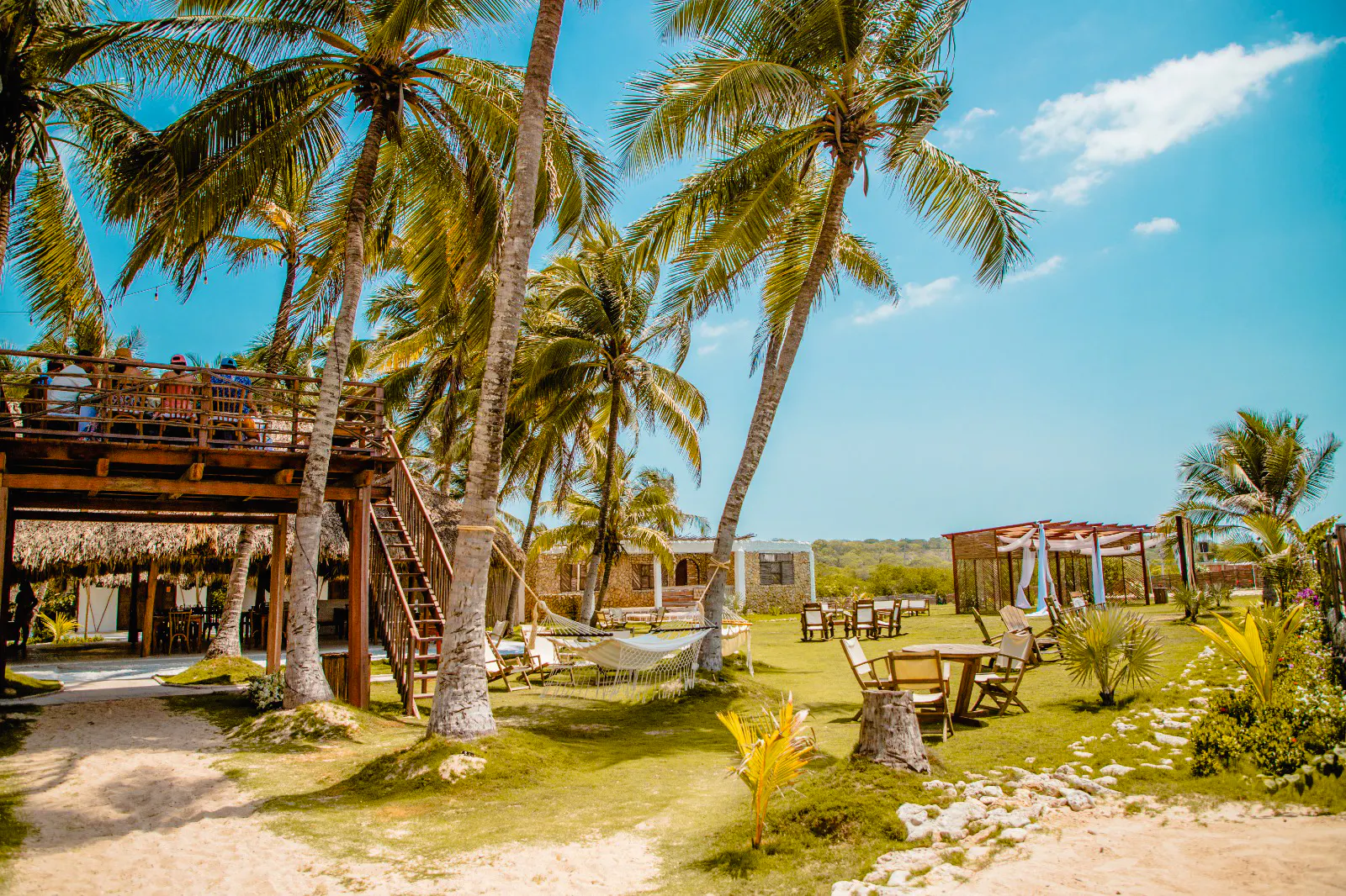 Outdoor seating area with palm trees and a wooden deck on Rosario Islands, Cartagena.