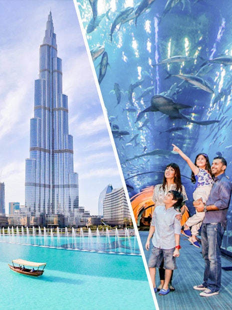 Burj Khalifa and family exploring Dubai Aquarium tunnel with marine life.