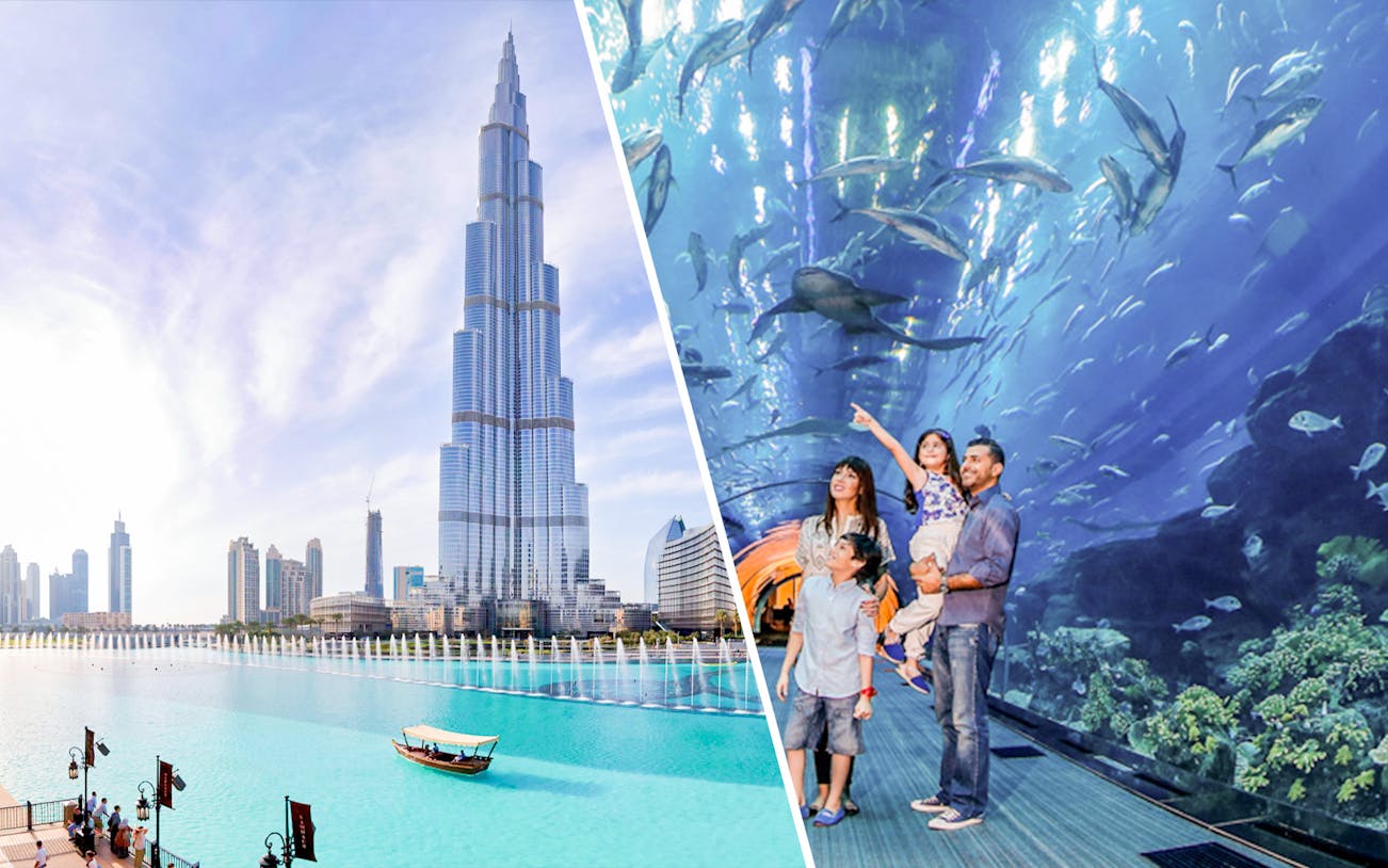 Burj Khalifa and family exploring Dubai Aquarium tunnel with marine life.