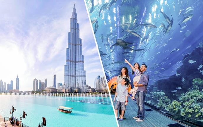 Burj Khalifa and family exploring Dubai Aquarium tunnel with marine life.