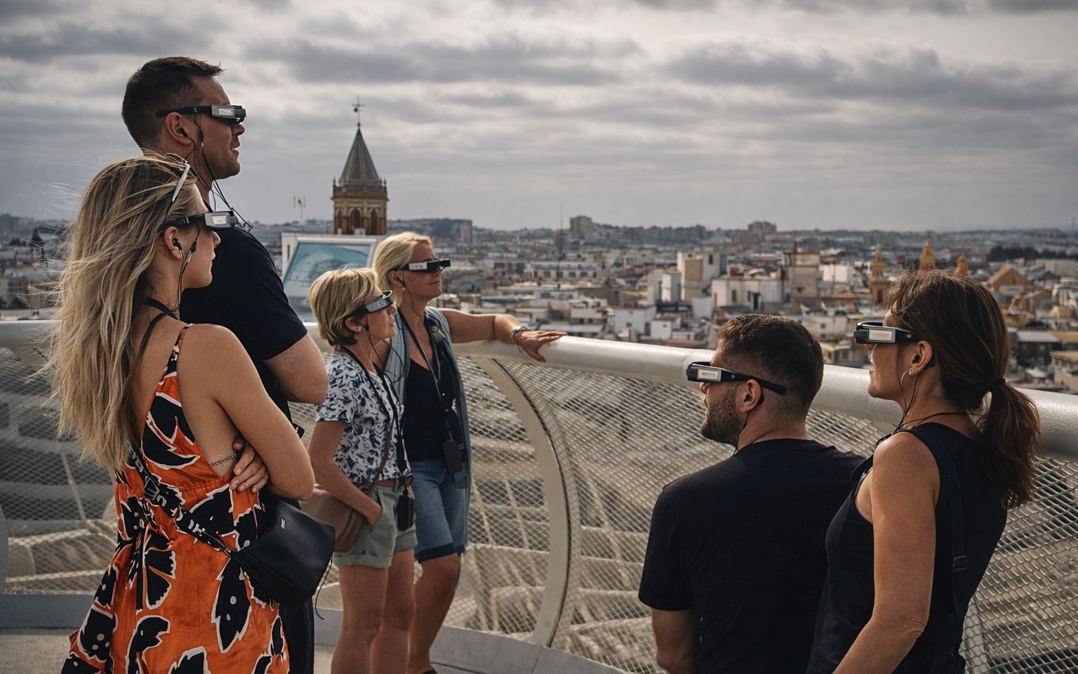 Tourists wearing smart glasses during a guided tour at Setas de Sevilla, overlooking the city.