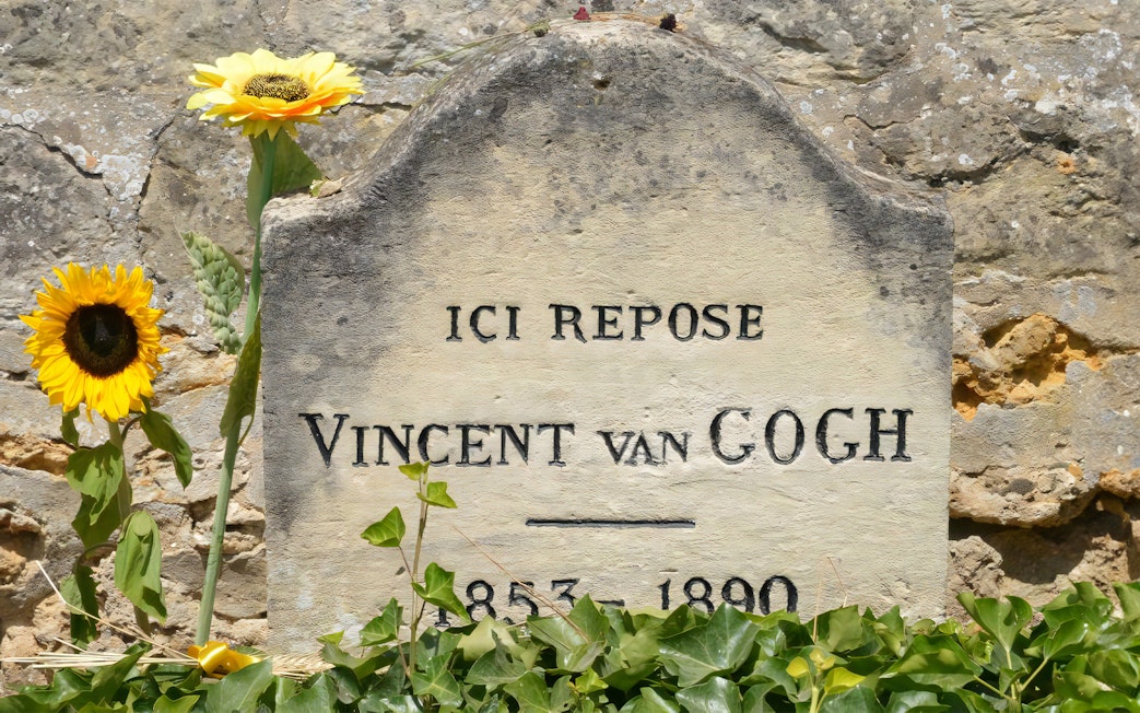 Vincent van Gogh's grave with sunflowers in Giverny, France.
