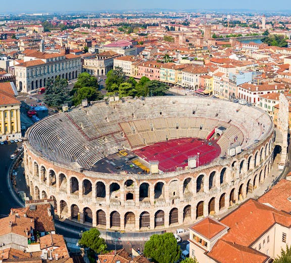 Verona Arena aerial view with surrounding cityscape in Italy.