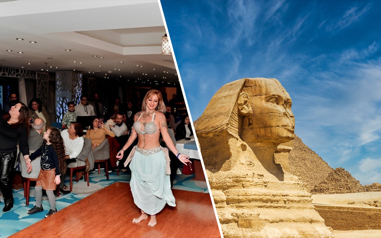 Dinner cruise on the River Nile with belly dancer and view of the Sphinx in Egypt.
