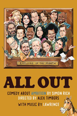 Caricature of diverse cast for "All Out: Comedy About Ambition" Broadway show, featuring "Employee of the Month" theme.