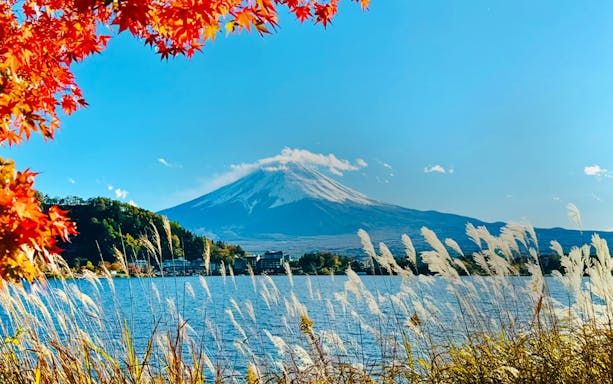 Mount Fuji from Kawaguchiko Oishi Park with red leaves and lake in foreground.