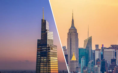 SUMMIT One Vanderbilt and Empire State Building at sunset, New York City skyline.