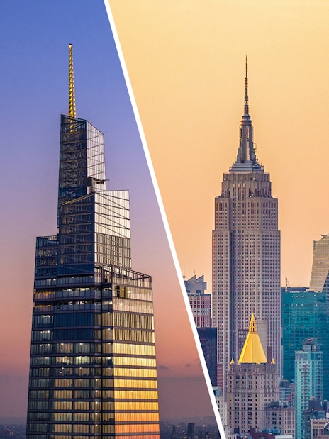 SUMMIT One Vanderbilt and Empire State Building at sunset, New York City skyline.