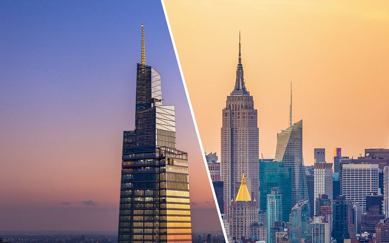 SUMMIT One Vanderbilt and Empire State Building at sunset, New York City skyline.