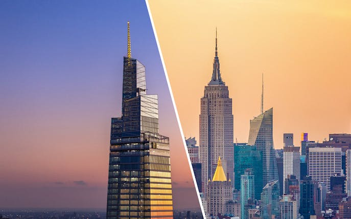 SUMMIT One Vanderbilt and Empire State Building at sunset, New York City skyline.