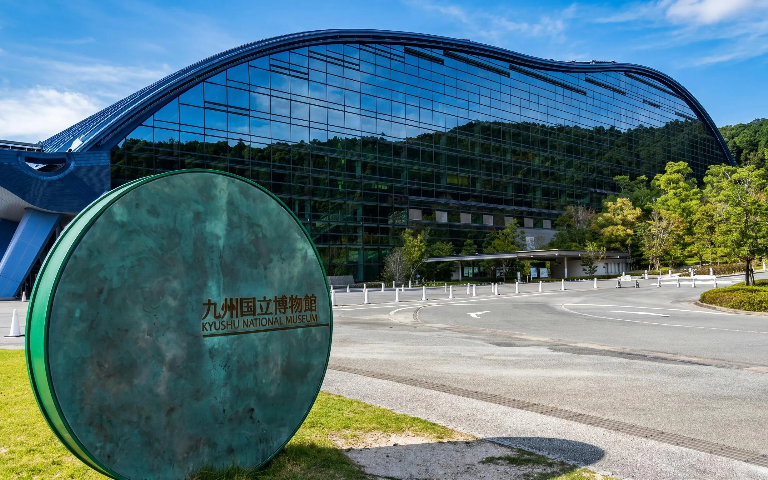 Entrance to the Kyushu National Museum with modern glass architecture in Fukuoka, Japan.